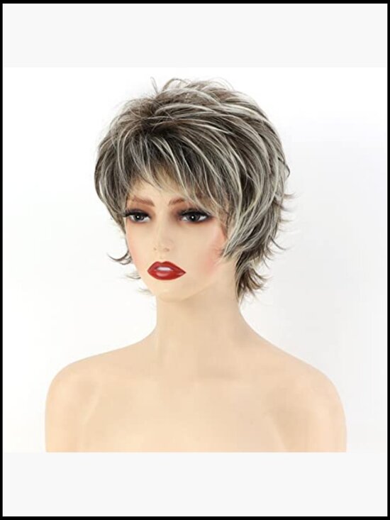 Short Pixie Cut Wig with Bangs Synthetic Hair Layered Wavy Natural Look